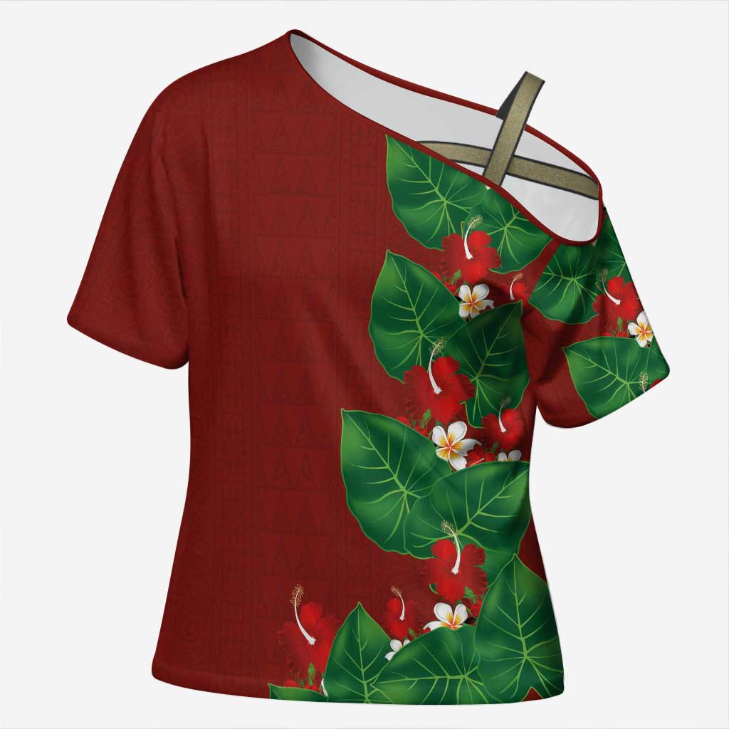 Hawaiian Taro Leaves-Hibiscus and Plumeria Cross Shoulder Shirt Polynesian Art-Kakau Tattoo Red
