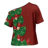 Hawaiian Taro Leaves-Hibiscus and Plumeria Cross Shoulder Shirt Polynesian Art-Kakau Tattoo Red
