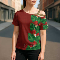 Hawaiian Taro Leaves-Hibiscus and Plumeria Cross Shoulder Shirt Polynesian Art-Kakau Tattoo Red