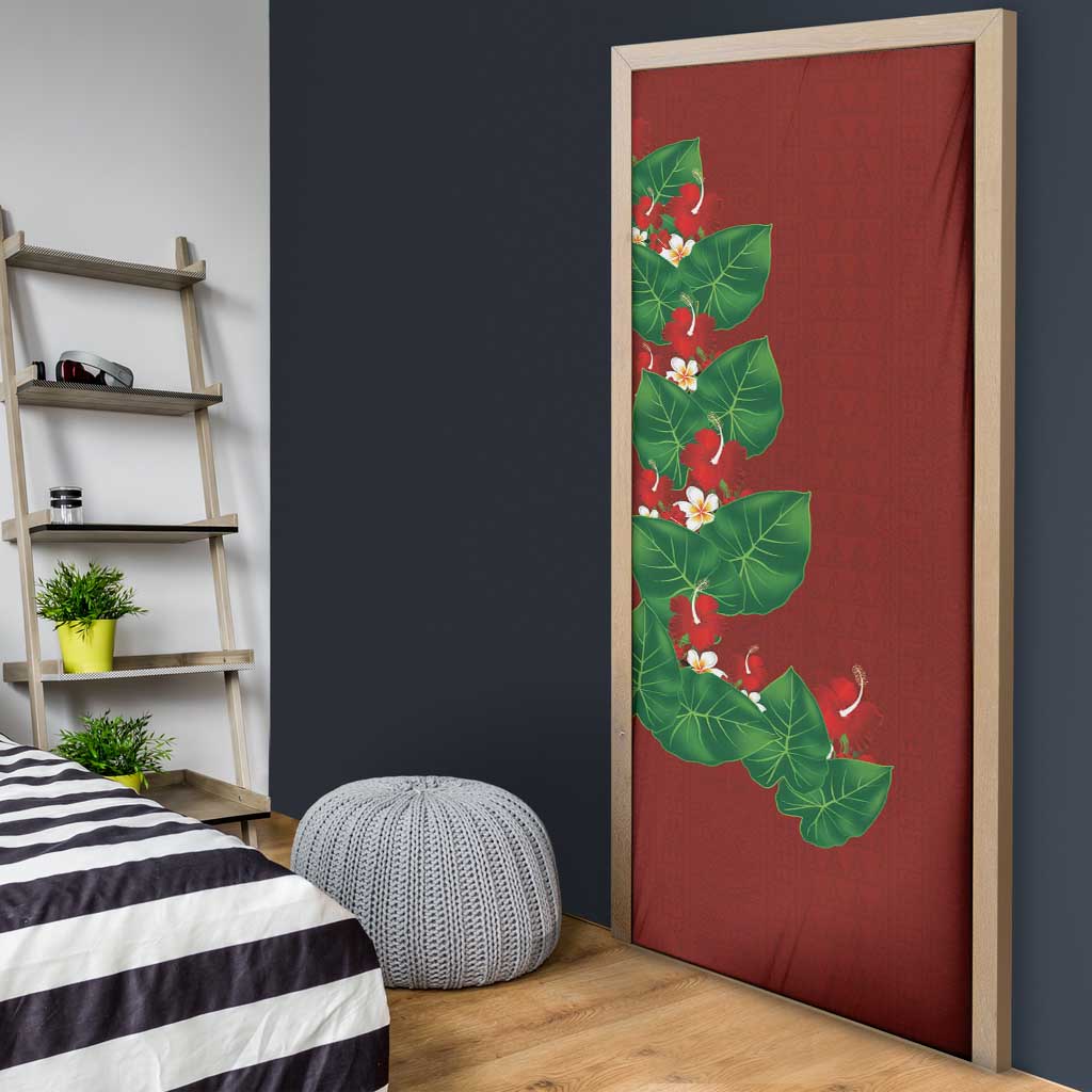 Hawaiian Taro Leaves-Hibiscus and Plumeria Door Cover Polynesian Art-Kakau Tattoo Red