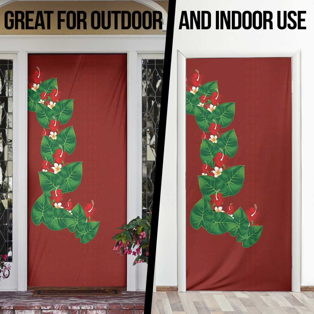 Hawaiian Taro Leaves-Hibiscus and Plumeria Door Cover Polynesian Art-Kakau Tattoo Red