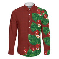 Hawaiian Taro Leaves-Hibiscus and Plumeria Family Matching Long Sleeve Bodycon Dress and Hawaiian Shirt Polynesian Art-Kakau Tattoo Red
