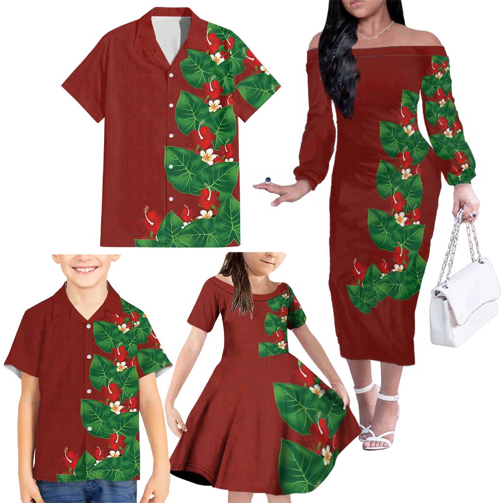Hawaiian Taro Leaves-Hibiscus and Plumeria Family Matching Off The Shoulder Long Sleeve Dress and Hawaiian Shirt Polynesian Art-Kakau Tattoo Red
