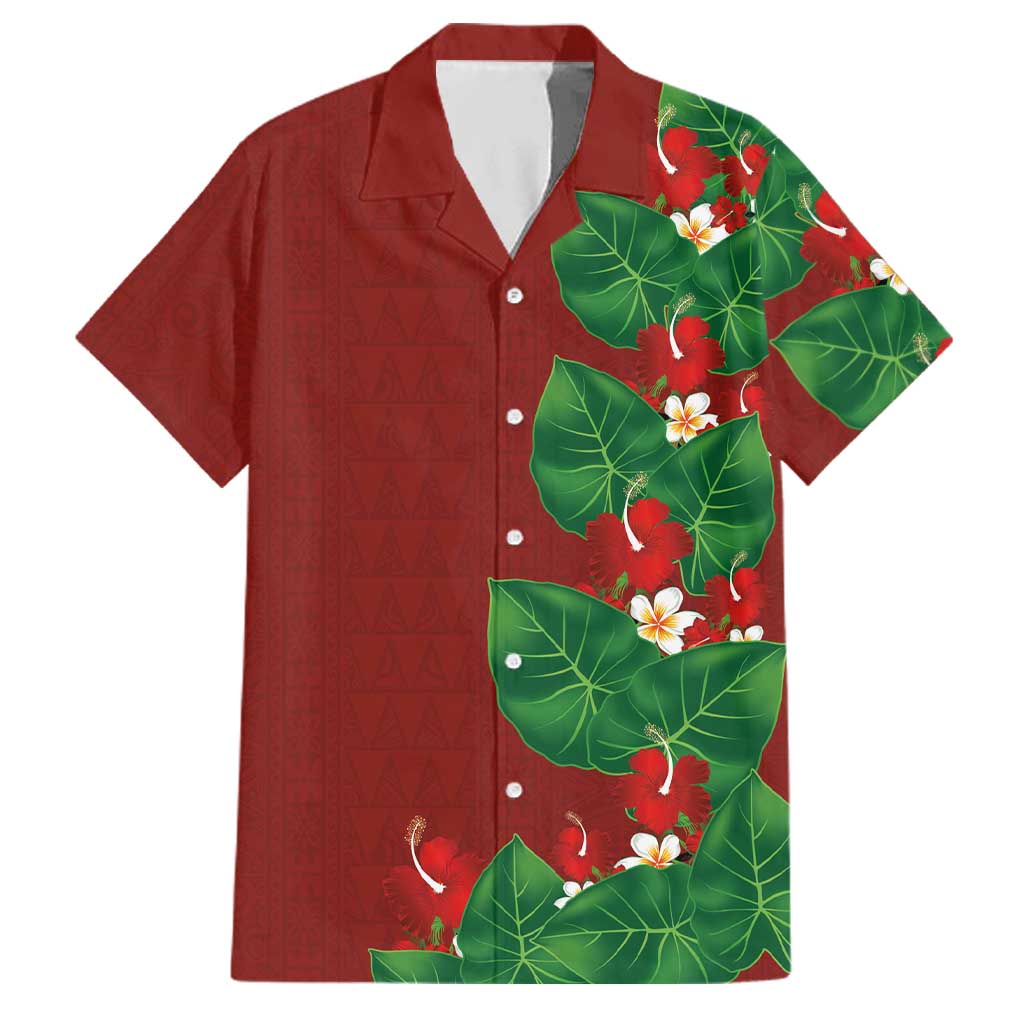 Hawaiian Taro Leaves-Hibiscus and Plumeria Family Matching Off The Shoulder Long Sleeve Dress and Hawaiian Shirt Polynesian Art-Kakau Tattoo Red
