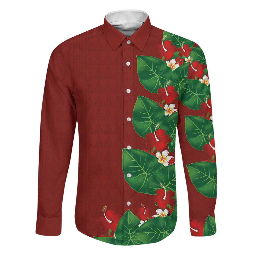Hawaiian Taro Leaves-Hibiscus and Plumeria Family Matching Off The Shoulder Long Sleeve Dress and Hawaiian Shirt Polynesian Art-Kakau Tattoo Red