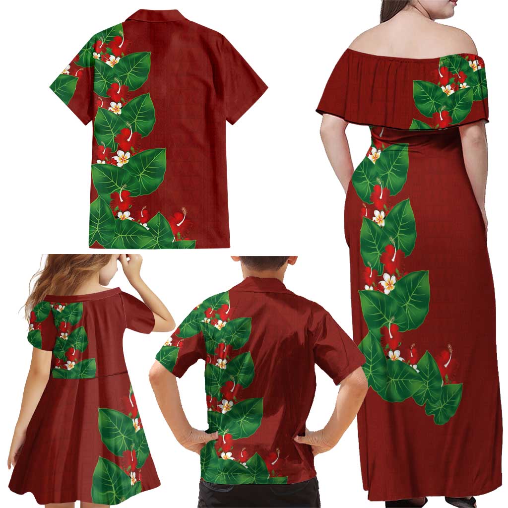 Hawaiian Taro Leaves-Hibiscus and Plumeria Family Matching Off Shoulder Maxi Dress and Hawaiian Shirt Polynesian Art-Kakau Tattoo Red