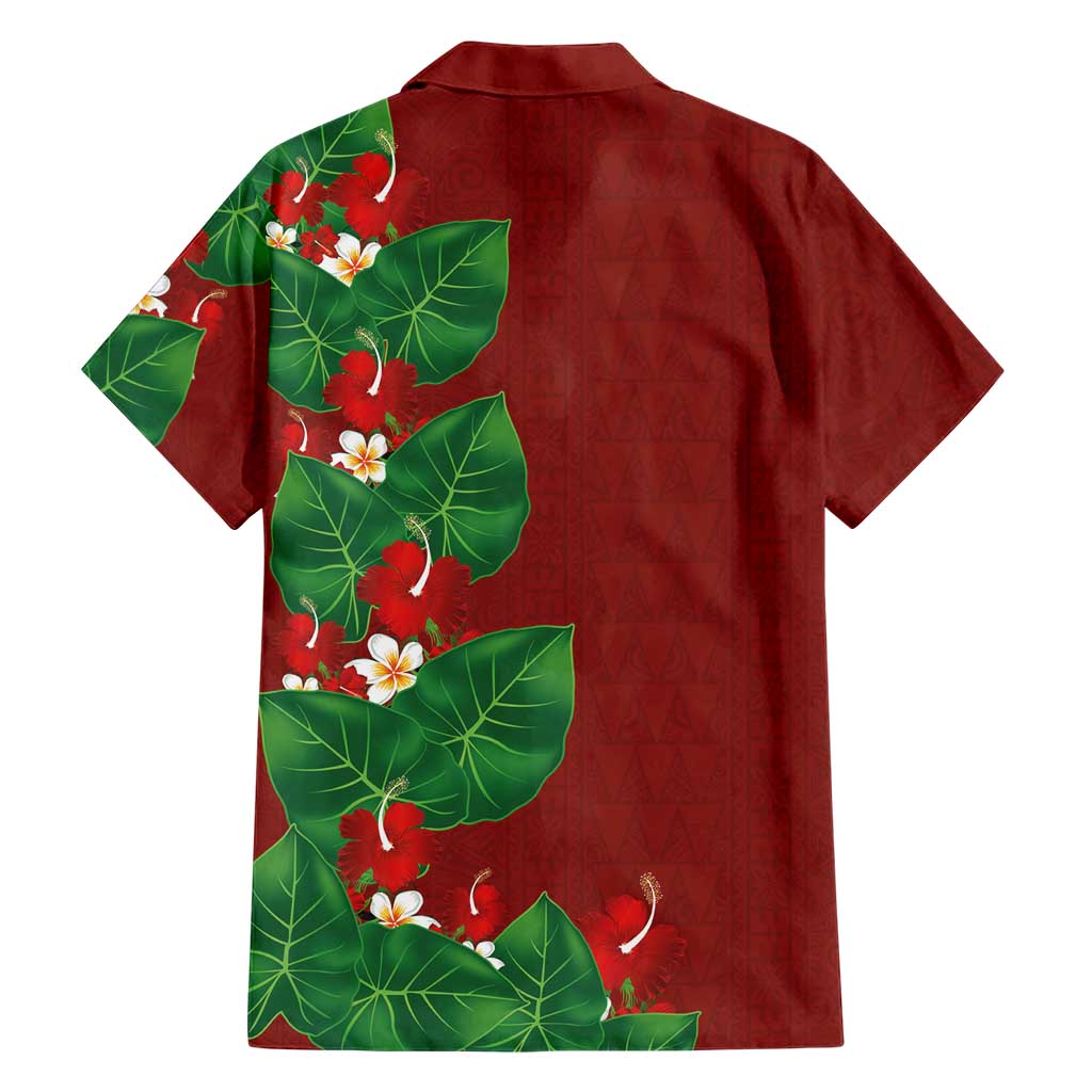 Hawaiian Taro Leaves-Hibiscus and Plumeria Family Matching Off Shoulder Maxi Dress and Hawaiian Shirt Polynesian Art-Kakau Tattoo Red