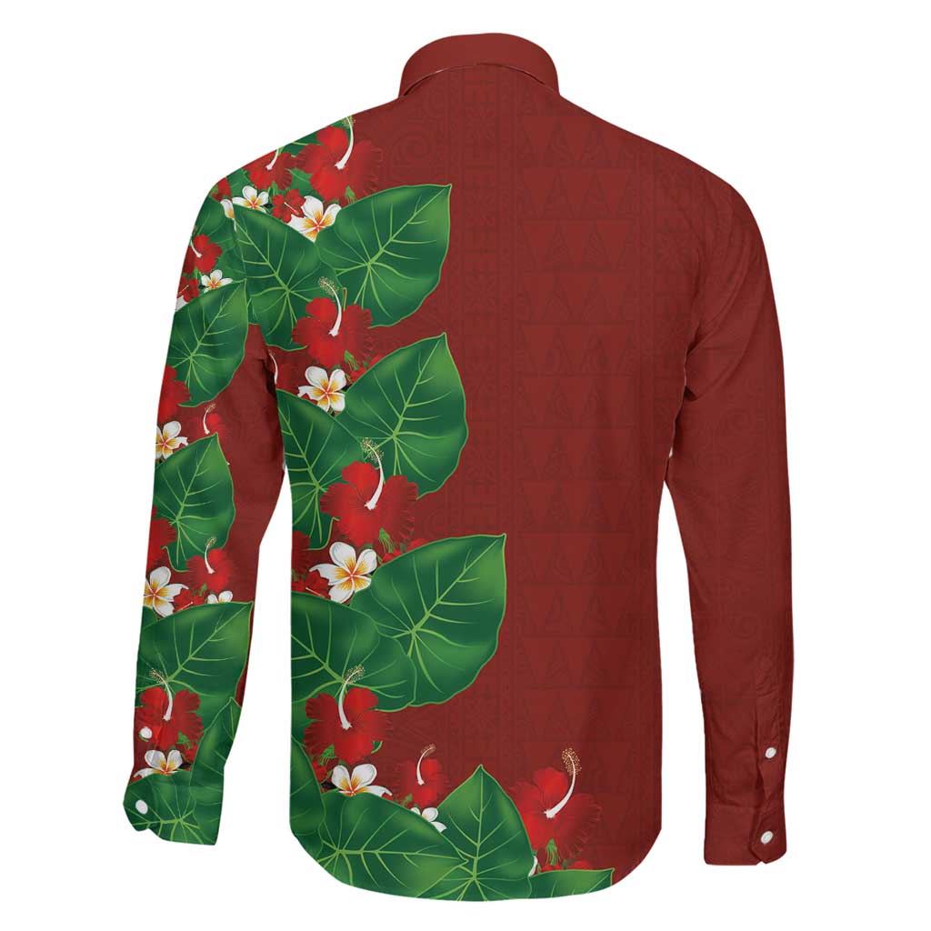 Hawaiian Taro Leaves-Hibiscus and Plumeria Family Matching Off Shoulder Short Dress and Hawaiian Shirt Polynesian Art-Kakau Tattoo Red