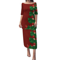 Hawaiian Taro Leaves-Hibiscus and Plumeria Family Matching Puletasi and Hawaiian Shirt Polynesian Art-Kakau Tattoo Red