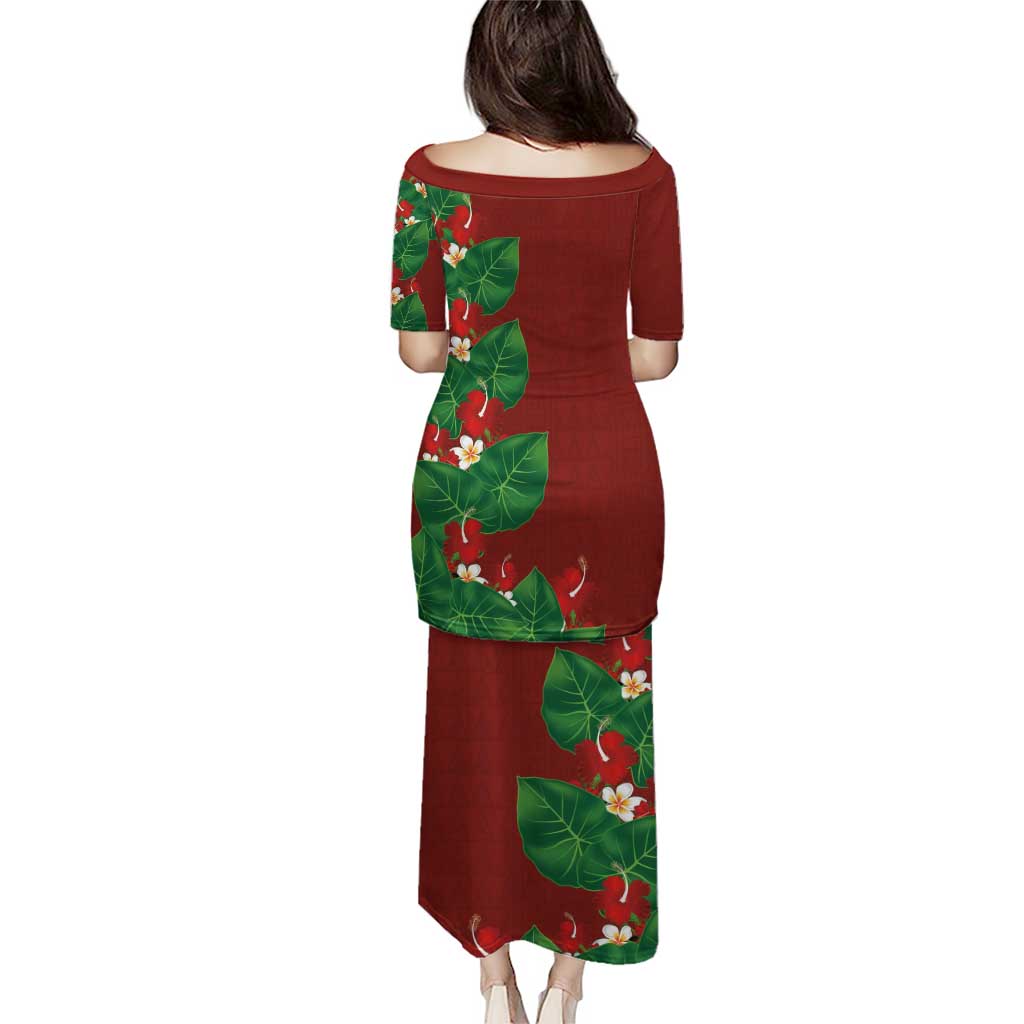 Hawaiian Taro Leaves-Hibiscus and Plumeria Family Matching Puletasi and Hawaiian Shirt Polynesian Art-Kakau Tattoo Red