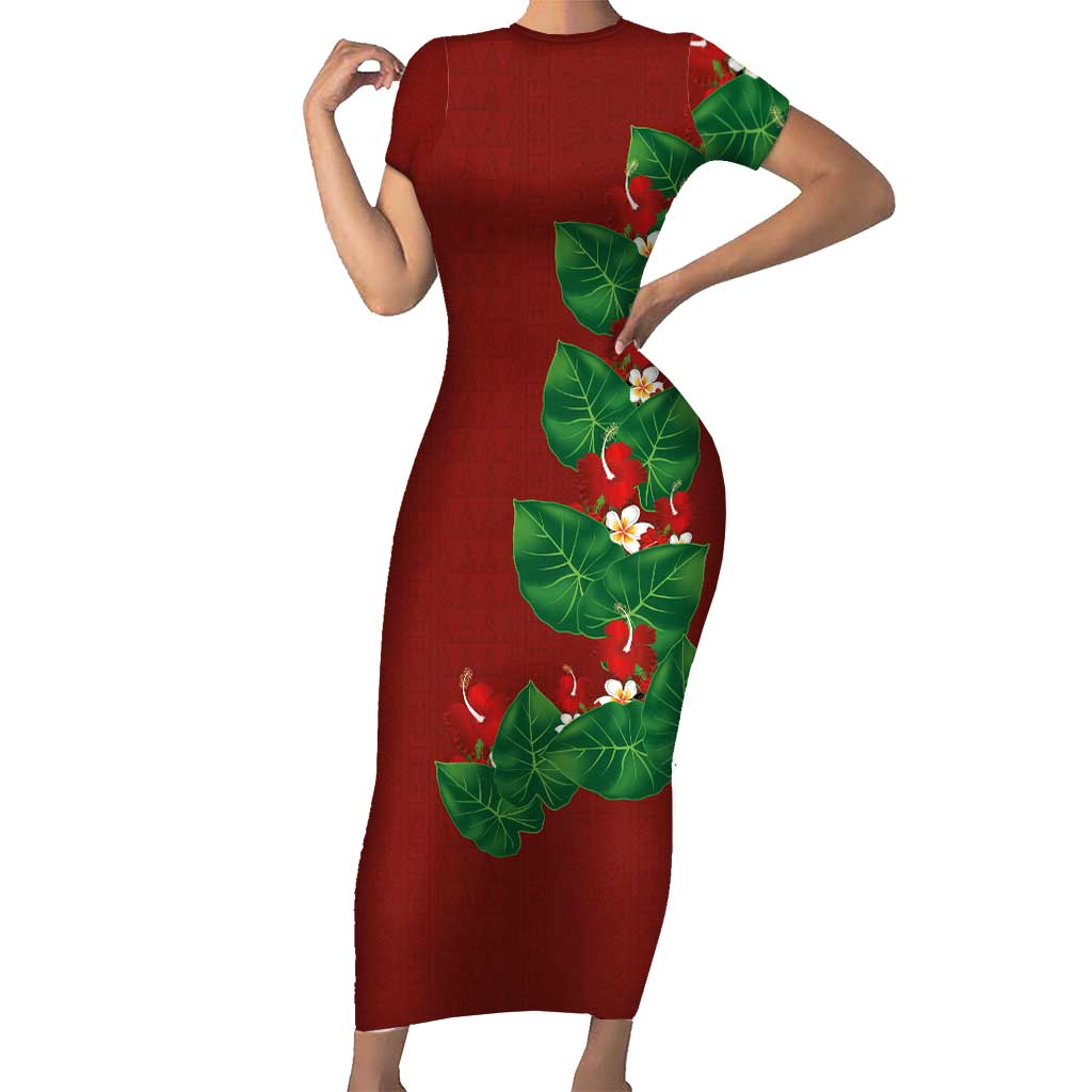 Hawaiian Taro Leaves-Hibiscus and Plumeria Family Matching Short Sleeve Bodycon Dress and Hawaiian Shirt Polynesian Art-Kakau Tattoo Red