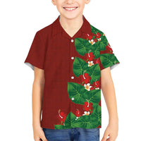 Hawaiian Taro Leaves-Hibiscus and Plumeria Family Matching Short Sleeve Bodycon Dress and Hawaiian Shirt Polynesian Art-Kakau Tattoo Red