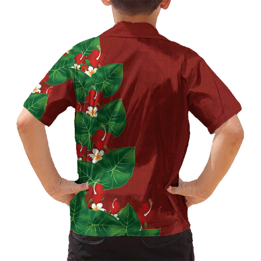 Hawaiian Taro Leaves-Hibiscus and Plumeria Family Matching Summer Maxi Dress and Hawaiian Shirt Polynesian Art-Kakau Tattoo Red