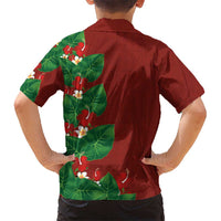Hawaiian Taro Leaves-Hibiscus and Plumeria Family Matching Summer Maxi Dress and Hawaiian Shirt Polynesian Art-Kakau Tattoo Red