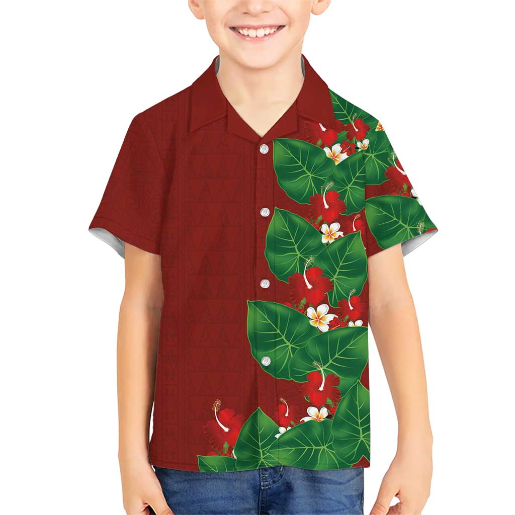 Hawaiian Taro Leaves-Hibiscus and Plumeria Family Matching Summer Maxi Dress and Hawaiian Shirt Polynesian Art-Kakau Tattoo Red