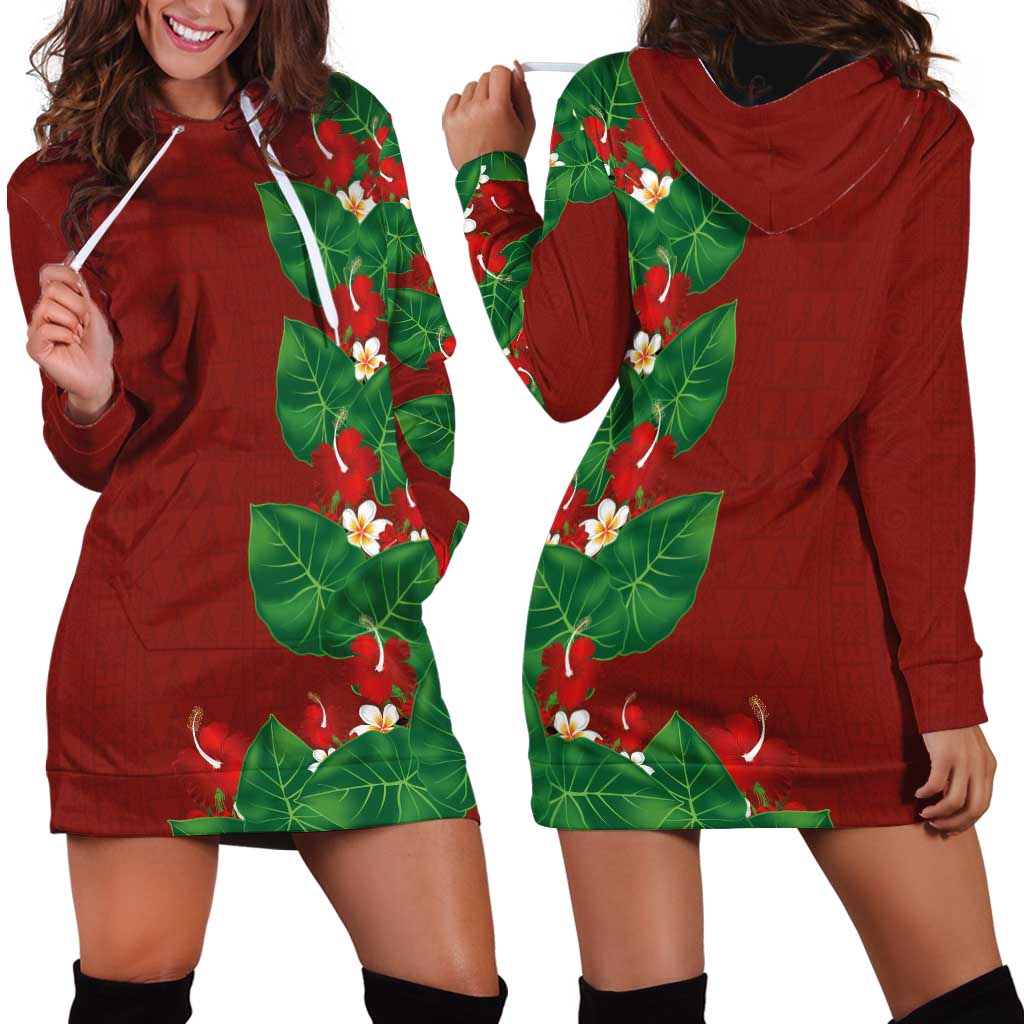 Hawaiian Taro Leaves-Hibiscus and Plumeria Hoodie Dress Polynesian Art-Kakau Tattoo Red