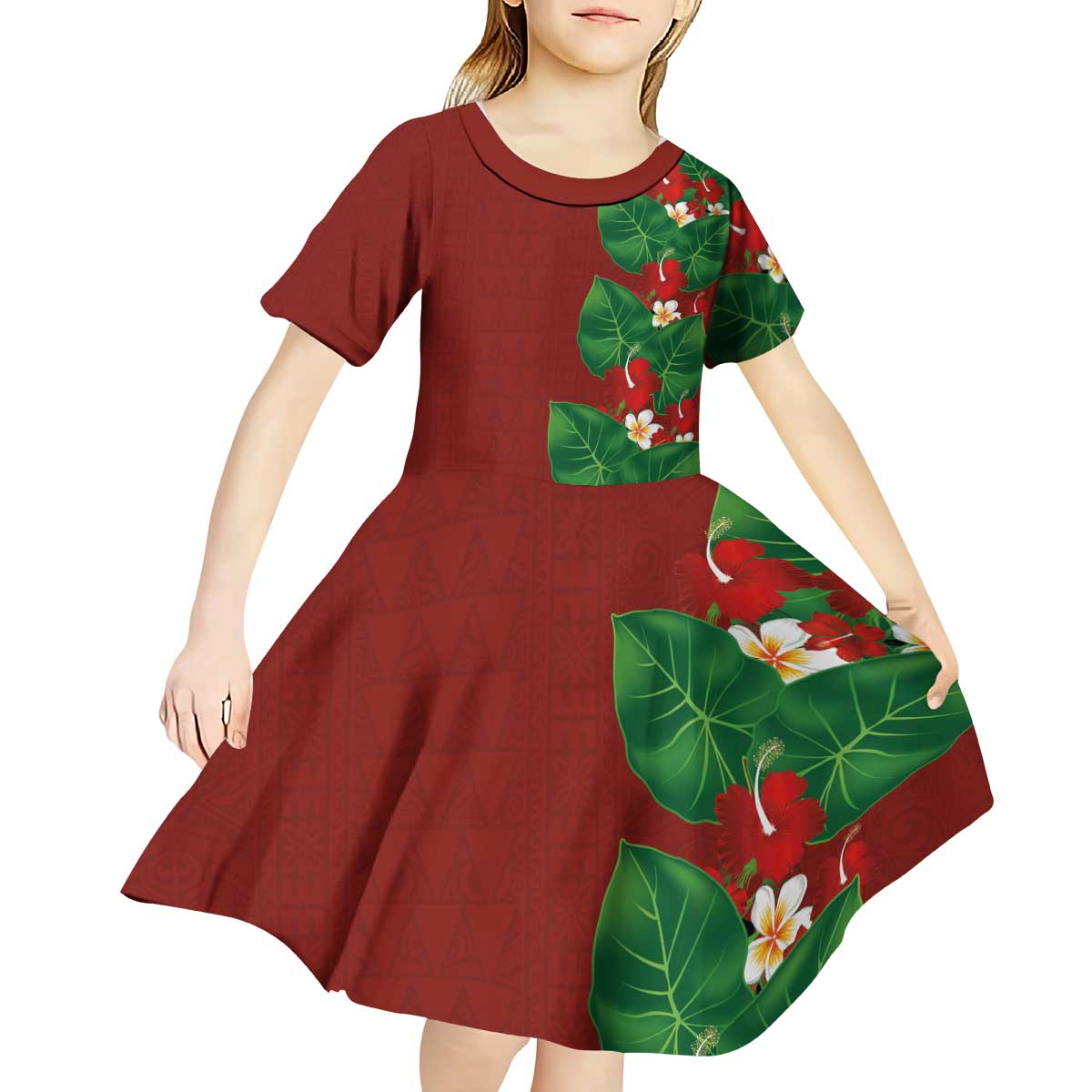 Hawaiian Taro Leaves-Hibiscus and Plumeria Kid Short Sleeve Dress Polynesian Art-Kakau Tattoo Red