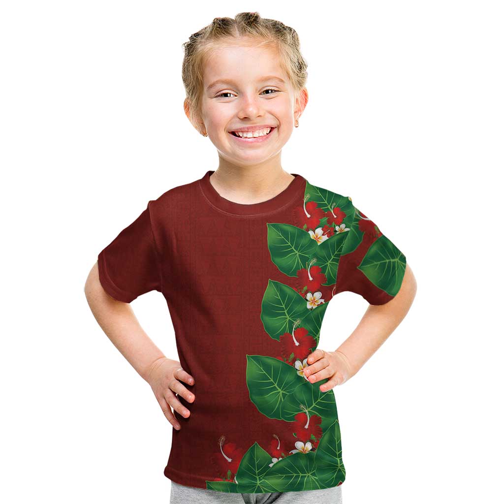 Hawaiian Taro Leaves-Hibiscus and Plumeria Kid T Shirt Polynesian Art-Kakau Tattoo Red