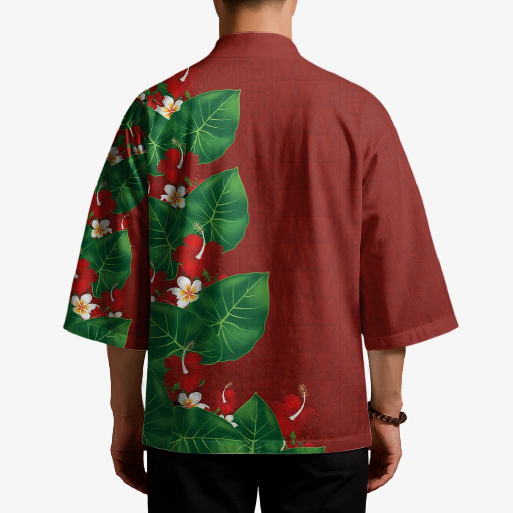Hawaiian Taro Leaves-Hibiscus and Plumeria Kimono Polynesian Art-Kakau Tattoo Red