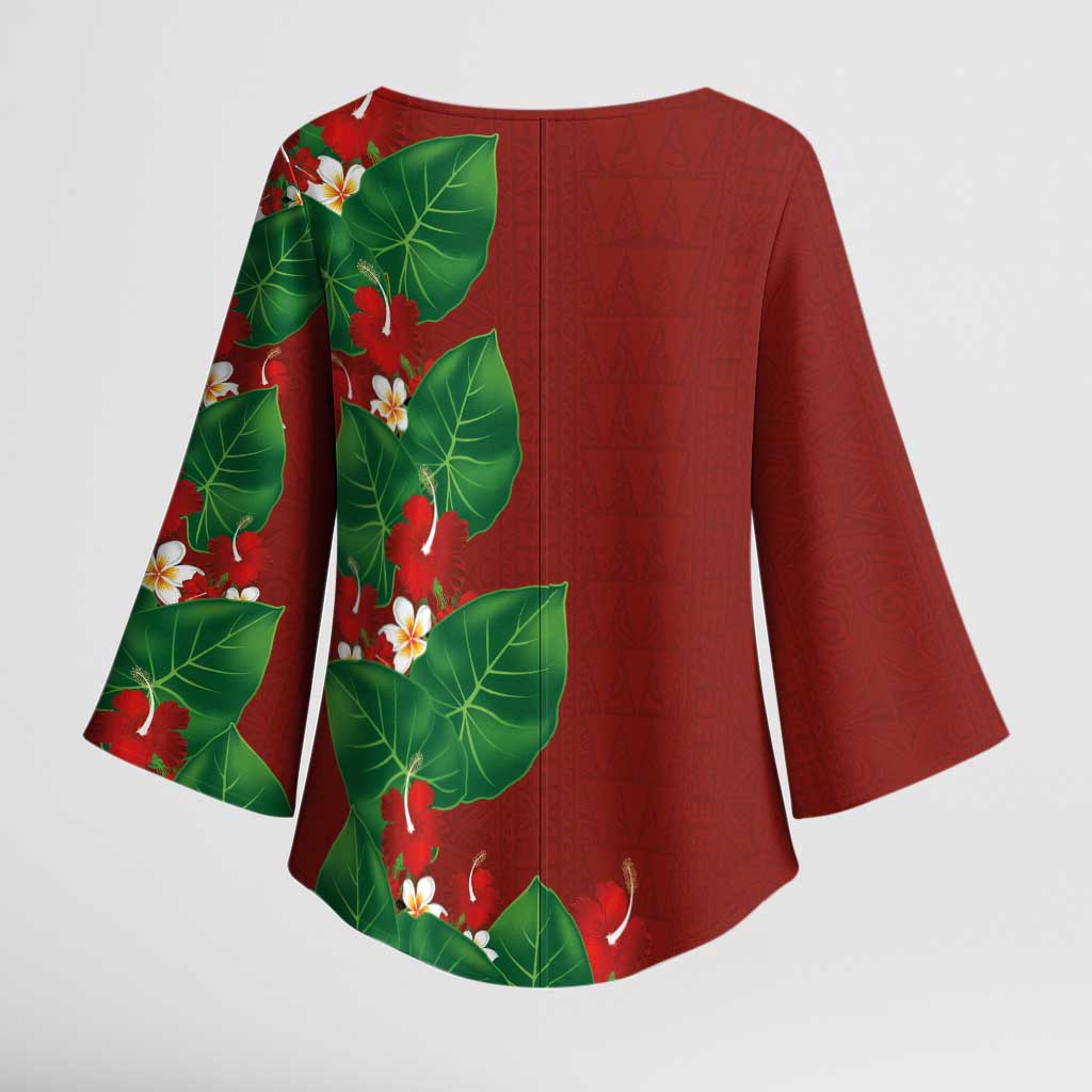 Hawaiian Taro Leaves-Hibiscus and Plumeria Kimono Sleeve Blouse Polynesian Art-Kakau Tattoo Red