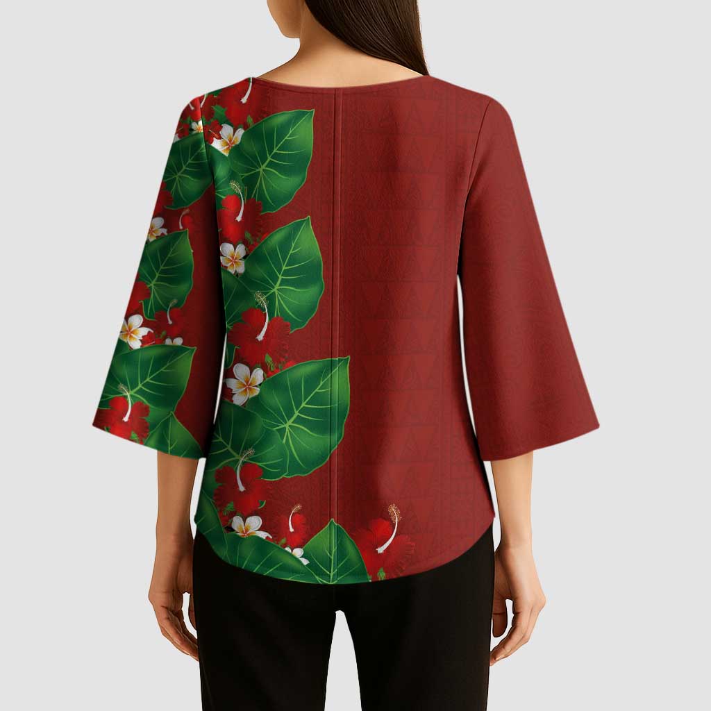 Hawaiian Taro Leaves-Hibiscus and Plumeria Kimono Sleeve Blouse Polynesian Art-Kakau Tattoo Red