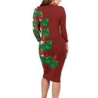 Hawaiian Taro Leaves-Hibiscus and Plumeria Long Sleeve Bodycon Dress Polynesian Art-Kakau Tattoo Red