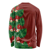Hawaiian Taro Leaves-Hibiscus and Plumeria Long Sleeve Shirt Polynesian Art-Kakau Tattoo Red