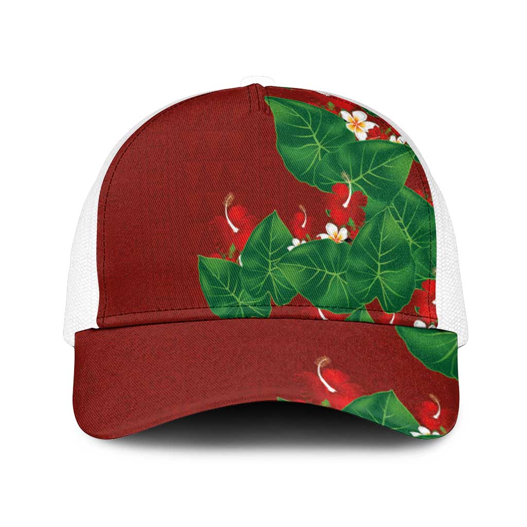 Hawaiian Taro Leaves-Hibiscus and Plumeria Mesh Trucker Cap Polynesian Art-Kakau Tattoo Red