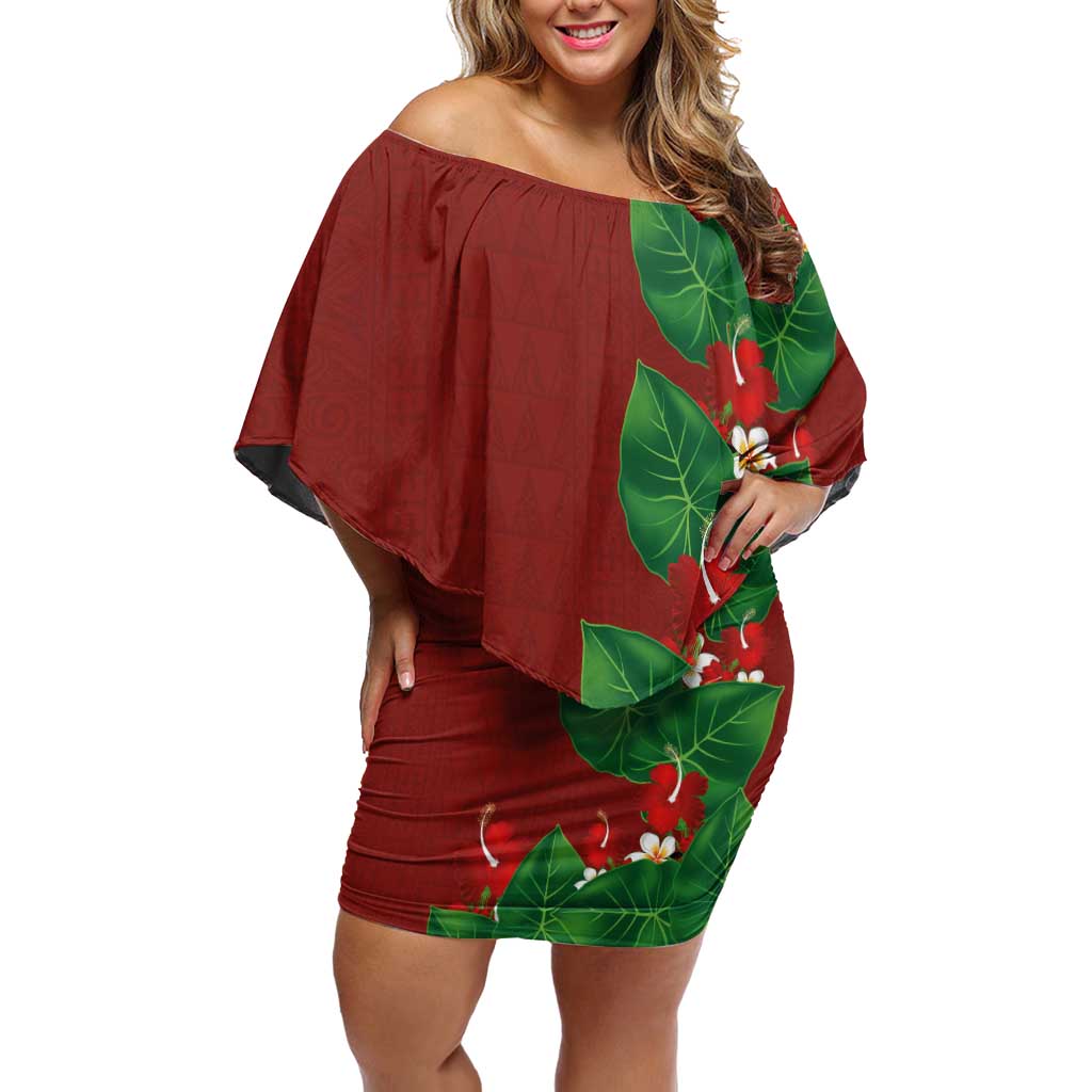 Hawaiian Taro Leaves-Hibiscus and Plumeria Off Shoulder Short Dress Polynesian Art-Kakau Tattoo Red