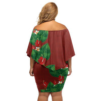 Hawaiian Taro Leaves-Hibiscus and Plumeria Off Shoulder Short Dress Polynesian Art-Kakau Tattoo Red