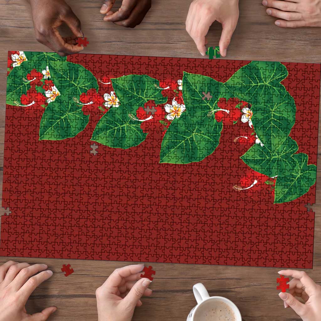 Hawaiian Taro Leaves-Hibiscus and Plumeria Puzzle Polynesian Art-Kakau Tattoo Red LT03 - Polynesian Pride