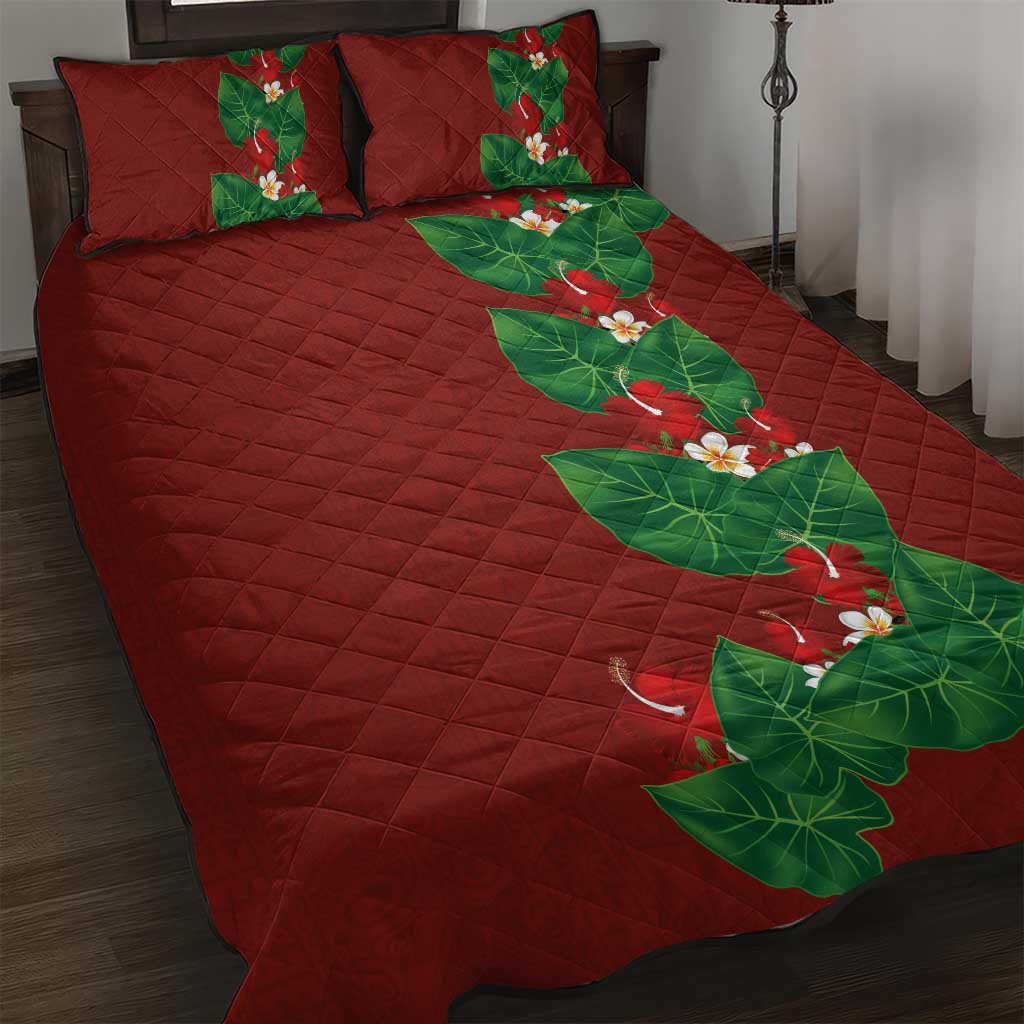 Hawaiian Taro Leaves-Hibiscus and Plumeria Quilt Bed Set Polynesian Art-Kakau Tattoo Red