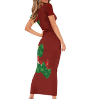 Hawaiian Taro Leaves-Hibiscus and Plumeria Short Sleeve Bodycon Dress Polynesian Art-Kakau Tattoo Red