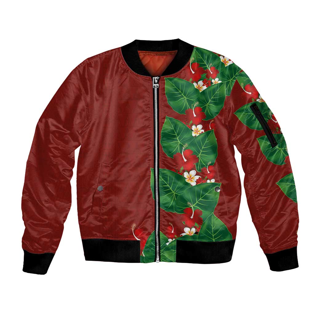Hawaiian Taro Leaves-Hibiscus and Plumeria Sleeve Zip Bomber Jacket Polynesian Art-Kakau Tattoo Red