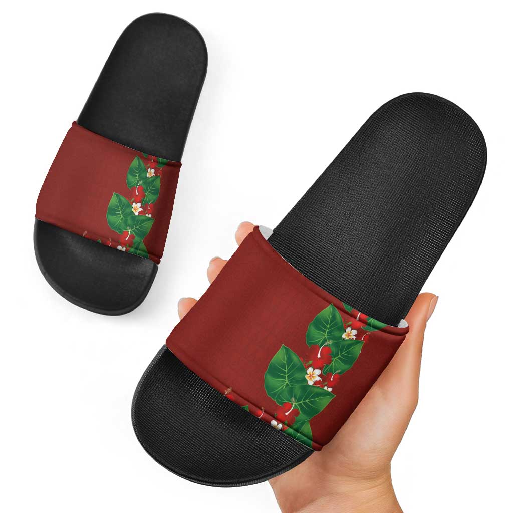 Hawaiian Taro Leaves-Hibiscus and Plumeria Slide Sandals Polynesian Art-Kakau Tattoo Red