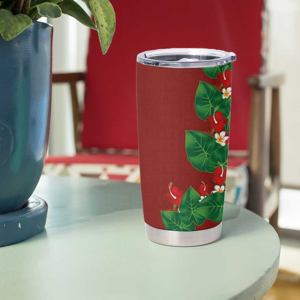 Hawaiian Taro Leaves-Hibiscus and Plumeria Tumbler Cup Polynesian Art-Kakau Tattoo Red