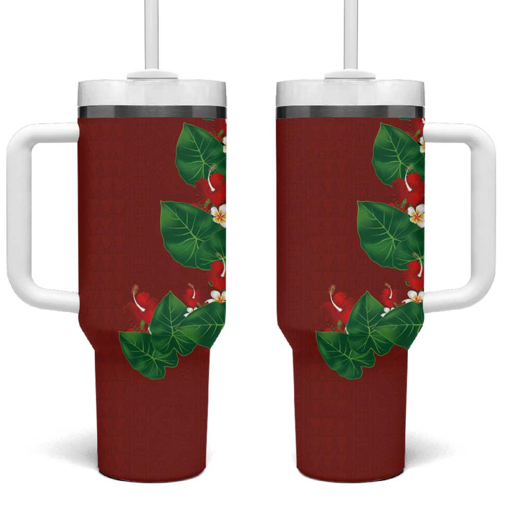 Hawaiian Taro Leaves-Hibiscus and Plumeria Tumbler With Handle Polynesian Art-Kakau Tattoo Red