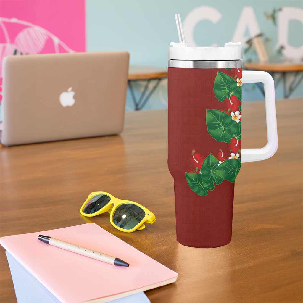 Hawaiian Taro Leaves-Hibiscus and Plumeria Tumbler With Handle Polynesian Art-Kakau Tattoo Red