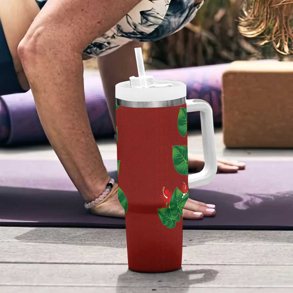 Hawaiian Taro Leaves-Hibiscus and Plumeria Tumbler With Handle Polynesian Art-Kakau Tattoo Red