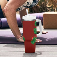 Hawaiian Taro Leaves-Hibiscus and Plumeria Tumbler With Handle Polynesian Art-Kakau Tattoo Red