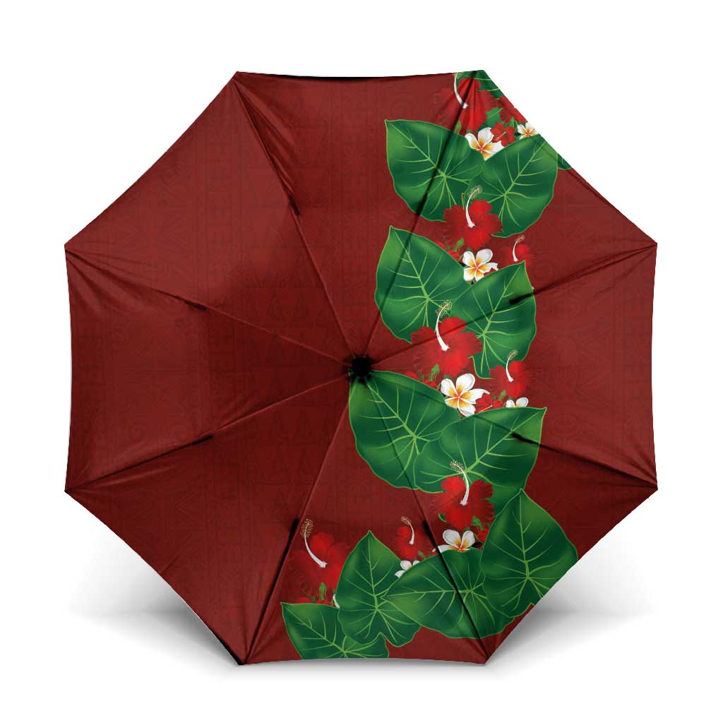 Hawaiian Taro Leaves-Hibiscus and Plumeria Umbrella Polynesian Art-Kakau Tattoo Red