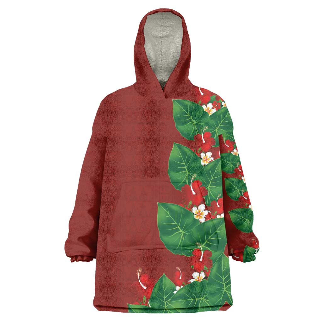 Hawaiian Taro Leaves-Hibiscus and Plumeria Wearable Blanket Hoodie Polynesian Art-Kakau Tattoo Red
