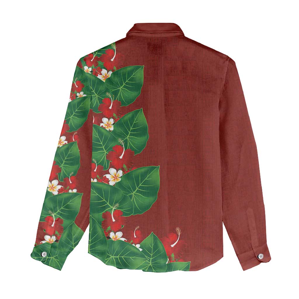 Hawaiian Taro Leaves-Hibiscus and Plumeria Women Casual Shirt Polynesian Art-Kakau Tattoo Red