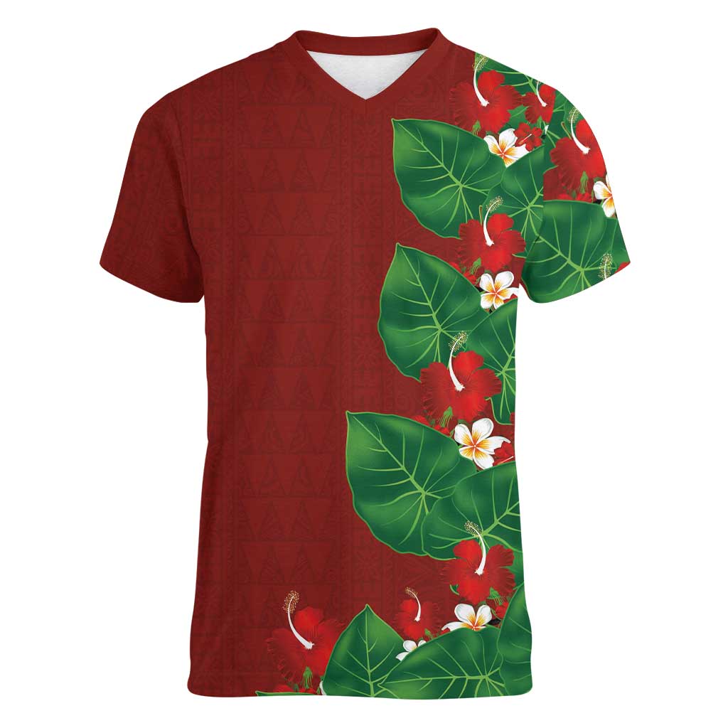 Hawaiian Taro Leaves-Hibiscus and Plumeria Women V-Neck T-Shirt Polynesian Art-Kakau Tattoo Red