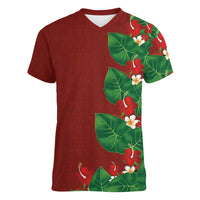 Hawaiian Taro Leaves-Hibiscus and Plumeria Women V-Neck T-Shirt Polynesian Art-Kakau Tattoo Red