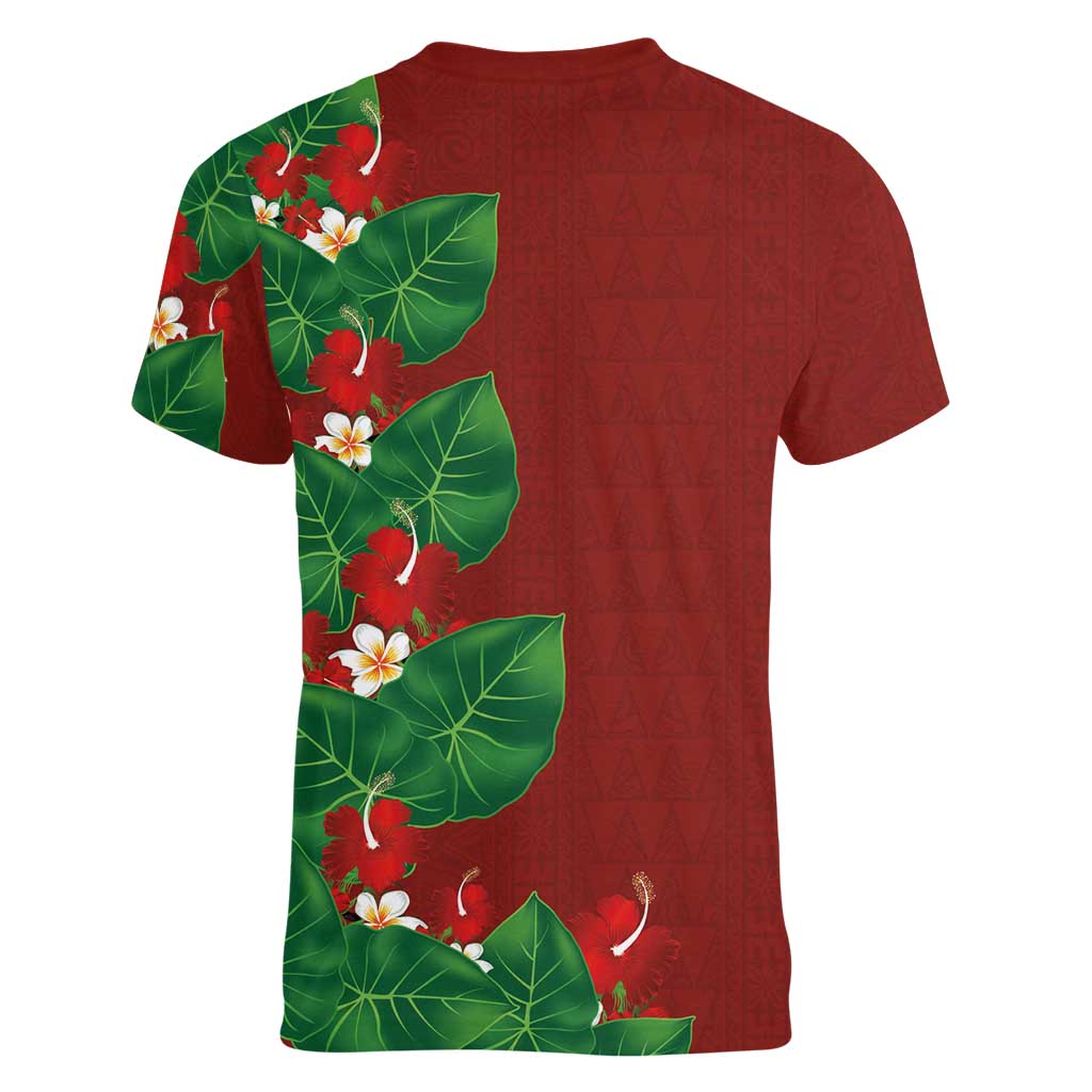 Hawaiian Taro Leaves-Hibiscus and Plumeria Women V-Neck T-Shirt Polynesian Art-Kakau Tattoo Red