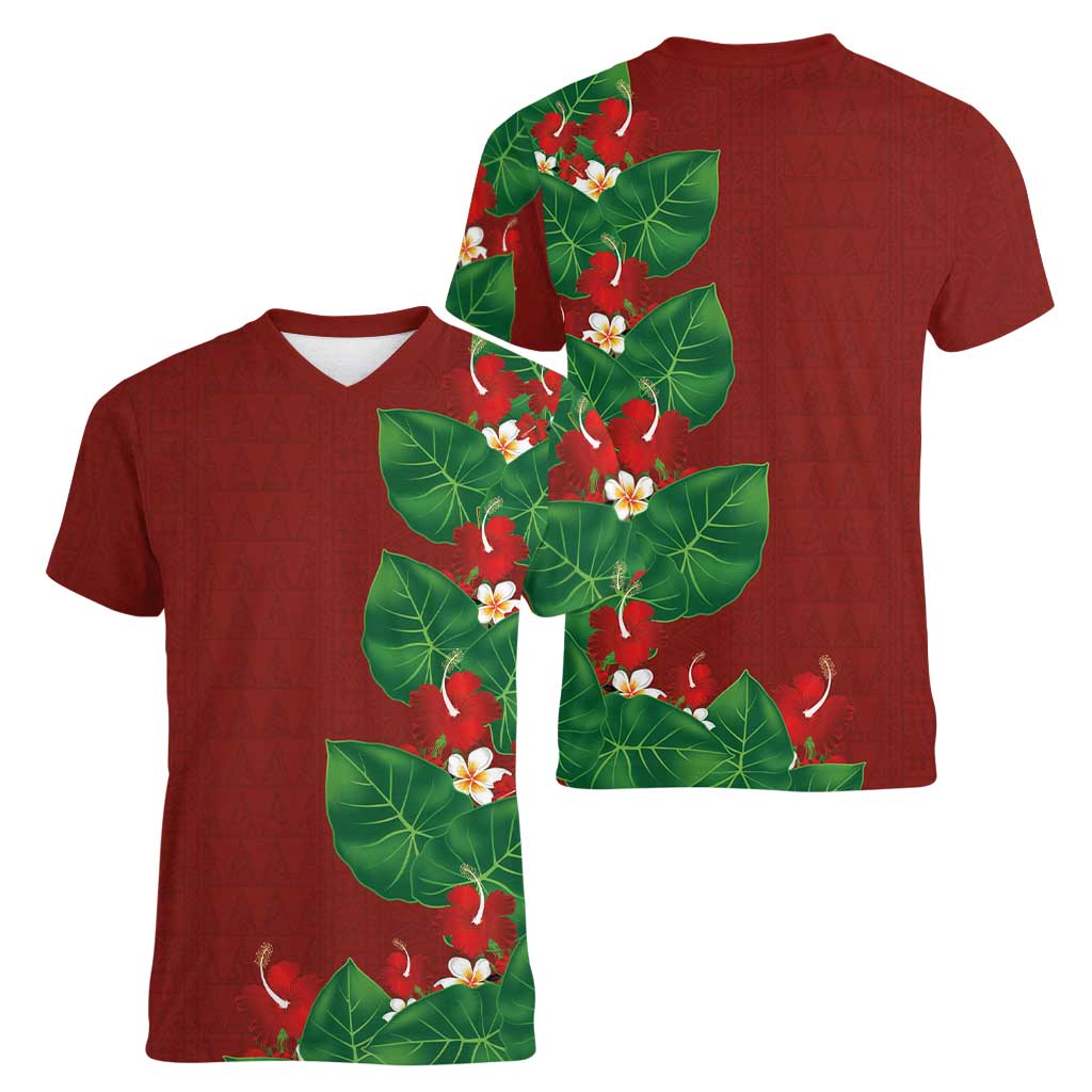Hawaiian Taro Leaves-Hibiscus and Plumeria Women V-Neck T-Shirt Polynesian Art-Kakau Tattoo Red