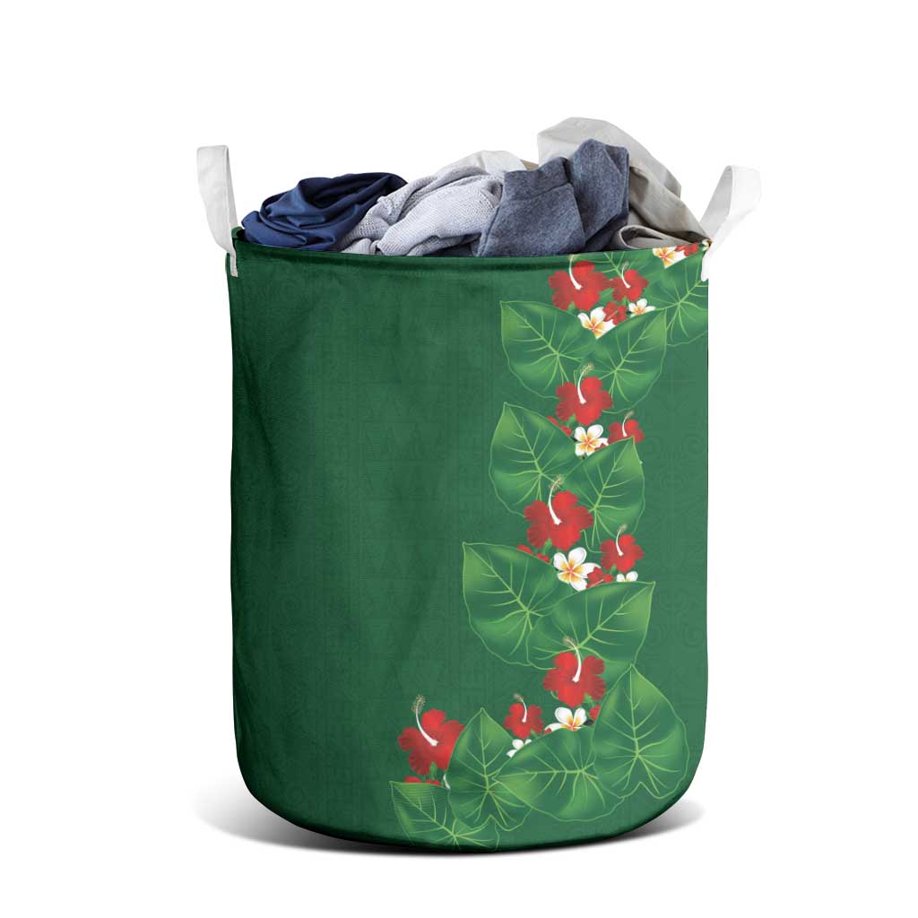 Hawaiian Taro Leaves-Hibiscus and Plumeria Laundry Basket Polynesian Art-Kakau Tattoo Green