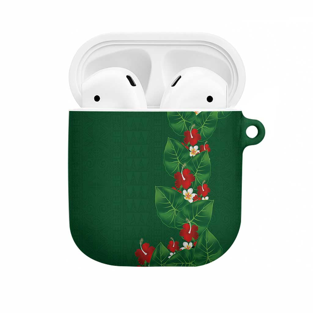 Hawaiian Taro Leaves-Hibiscus and Plumeria AirPods Case Polynesian Art-Kakau Tattoo Green