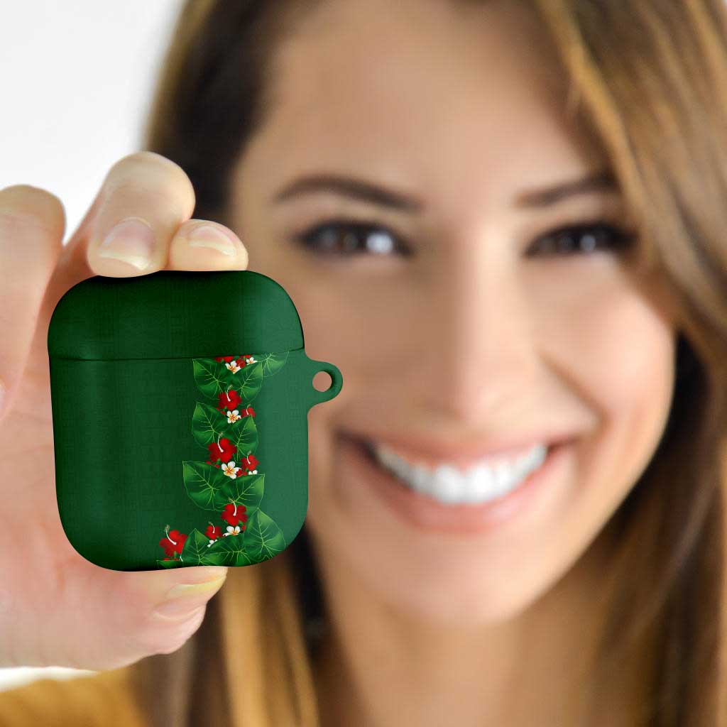 Hawaiian Taro Leaves-Hibiscus and Plumeria AirPods Case Polynesian Art-Kakau Tattoo Green